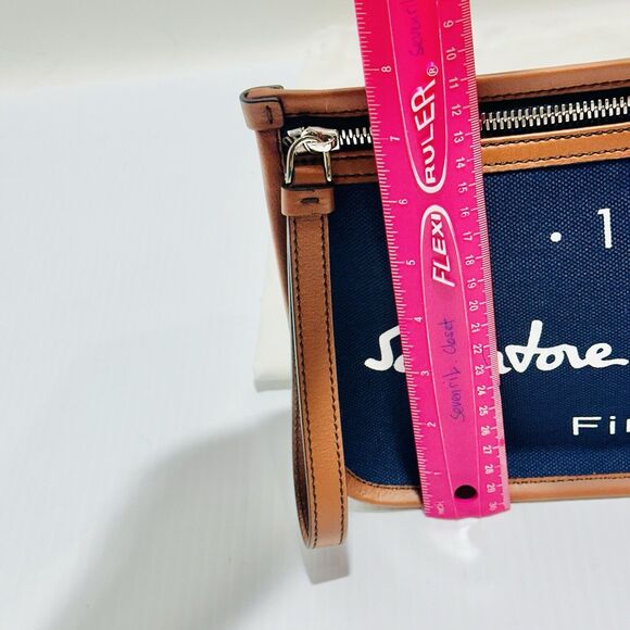 NWT Salvatore Ferragamo Men Navy Canvas Leather Trim Logo Clutch Pouch Bag - Picture 5 of 9